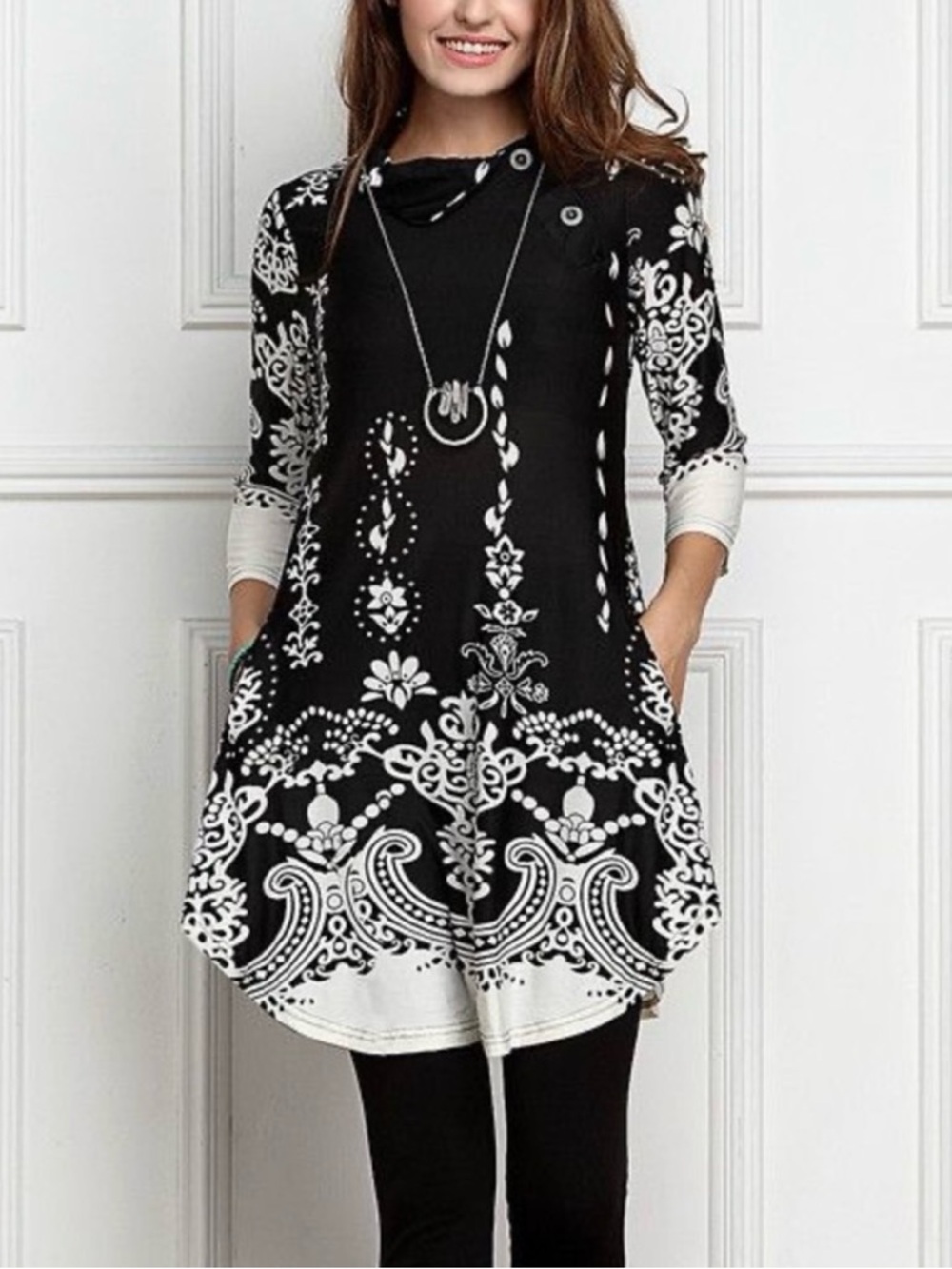 Black & White Patterned Tunic Dress with Pocket Detail